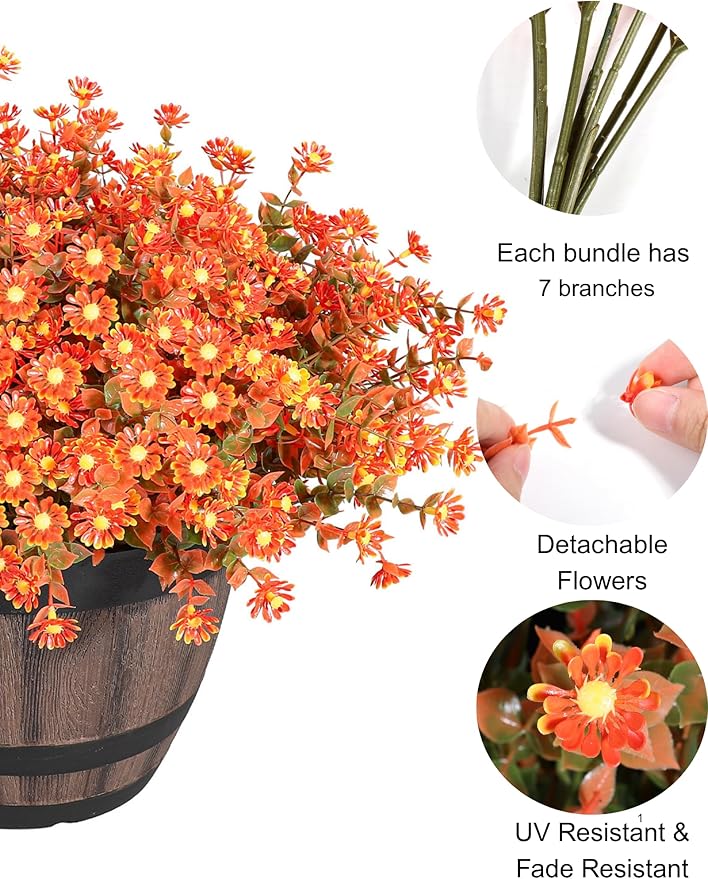 16 Bundles Artificial Flowers for Fall Outdoors Decoration - Fake Mums Faux Artificial Plants Plastic Flower No Fade for Harvest Halloween Thanks Giving Day Decor