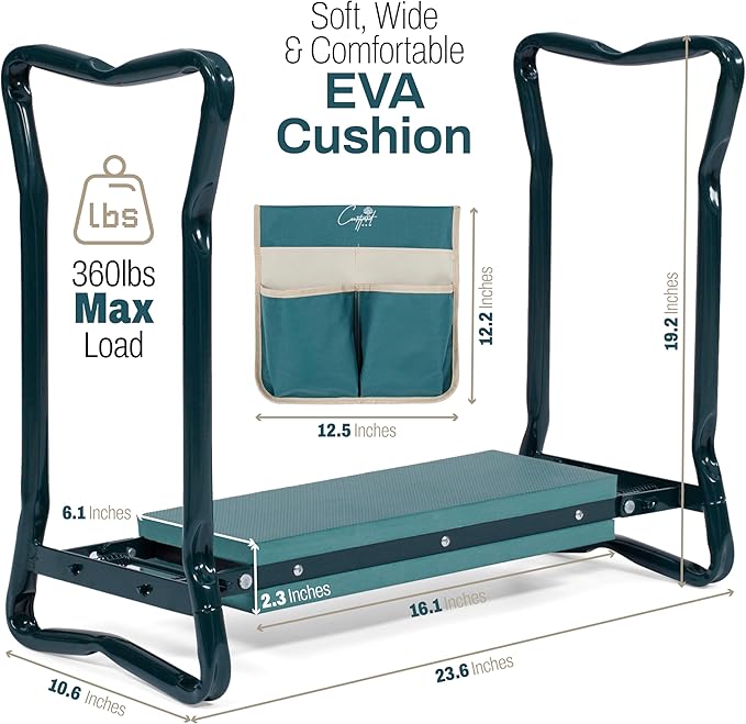 Garden Seat and Kneeler - Upgraded Widened EVA Cushion Seat (6.1” Wider), Thick & Wide Garden Stool, Foldable with Pouch, Gloves & Tool Bag – Gardening Gifts for Parents & Seniors