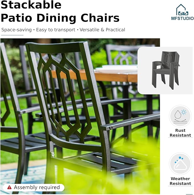 MFSTUDIO Patio Dining Set for 6, Outdoor Table and Chairs Set with Umbrella Hole, Patio Furniture Set for Deck Backyard Poolside Garden, 7 Piece Metal Outdoor Dining Set