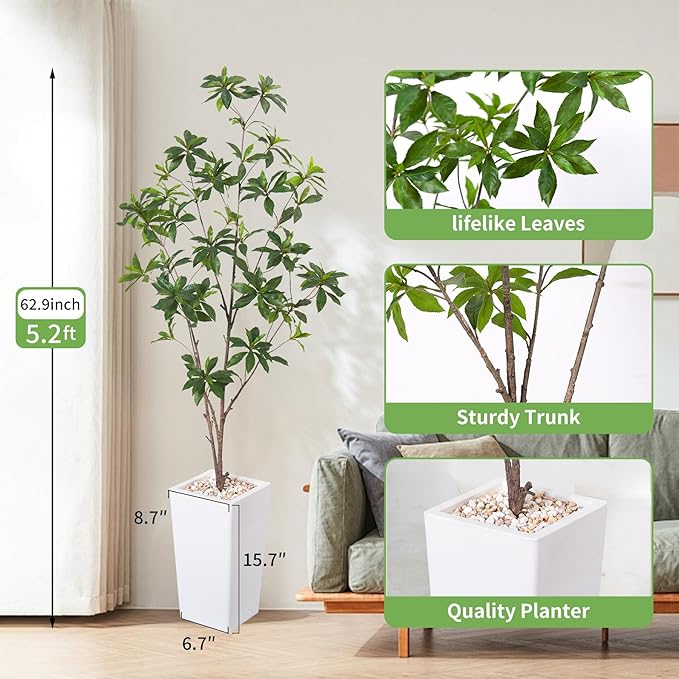 Artificial Brave Ficus Tree 5FT-Faux Tree with White Tall Planter-Fake Potted Tree with Silk Leaves-Tall Artificial Plants for Home Office Living Room Hallway Decor Indoor