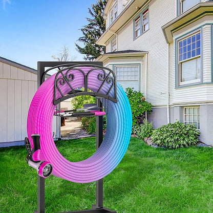 Garden Hose Holder, 4 Spikes Freestanding Water Hose Holder Reels, Heavy Duty Detachable Hose Stand with Storage Basket for Outside Yard Lawn (A-4 Spikes)