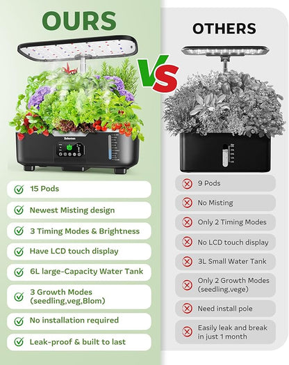 Misting Hydroponic Growing System Kit 15-Pods Indoor Smart Herb Garden Planter with LCD Touch Panel 6L Large Tank for Herb/Vegetables/Flowers/Fruits,Birthday&Christmas Gifts for Gardening Beginners