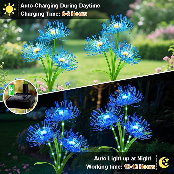Solar Garden Flower Lights Outdoor,8 Pack 24-Head Blue Spider Lily Waterproof with Glowing Stems,Elegant Yard,Patio & Law Decor,Ideal Halloween & Gardening Gifts for Women,Mothers & Grandma