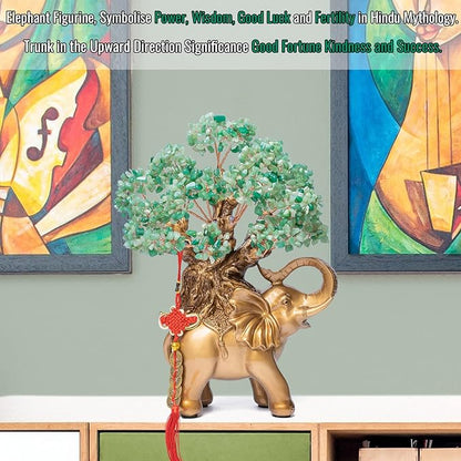 Green Aventurine Crystal Money Tree on Gold Elephant Statue, 17”Large Gemstone Bonsai Tree of Life Home Décor Gifts for Wealth Positive Energy, Feng Shui Décor