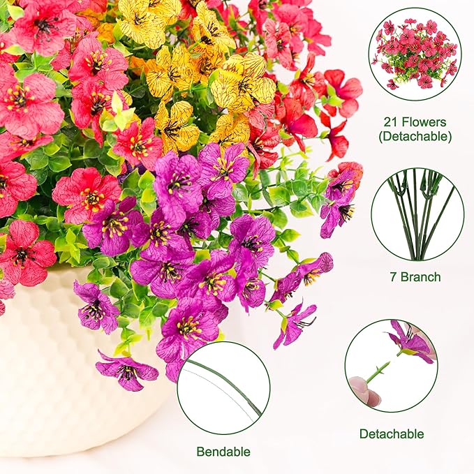 FGSAEOR 12 Bundles Artificial Flowers for Outdoor Indoor, Faux Flower Daisy with Eucalyptus Leaves Fake Plants Greenery, Garden Home Decor for Boxwood Porch Patio (Red/Pink/Purple/Yellow)