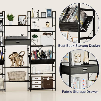 NUMENN Triple Wide 6 Tier Bookshelf, Adjustable Rustic Industrial Style Book Shelves, Modern Bookcases and Bookshelves Furniture for Bedroom, Living Room and Home Office, Black