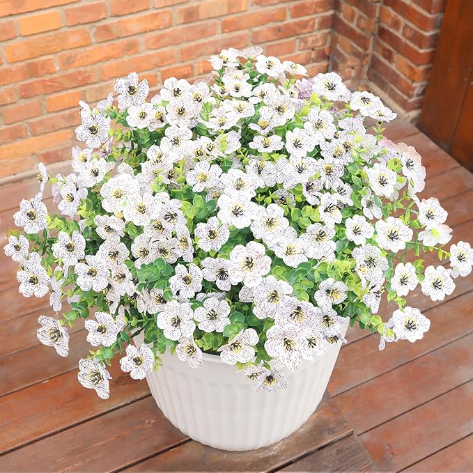Faux Flowers for Outdoor Planters, Artificial Flowers for Outdoors, 12 Bundles Outdoor Flowers Uv Resistant, Artificial Flowers for Decoration, White Silk Faux Spring Flowers for Outside