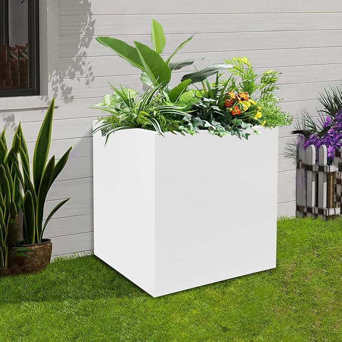 DYNAMI Square Planter Box White Steel Planter,17x17x18in Metal Planter Box Large Cube Plant Pot for Outdoor Plants,Modern Heavy Duty Flower Pot for Patio, Deck, Yard, Garden