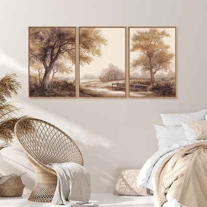 Rantodecor Vintage Landscape Framed Canvas Wall Art Triptych, Rustic Tree Sketch Wall Decor, Large Claming Nature Forest Art Paintings, Modern Relax Farmhouse Artwork for Bedroom Living Room 16"x24"x3