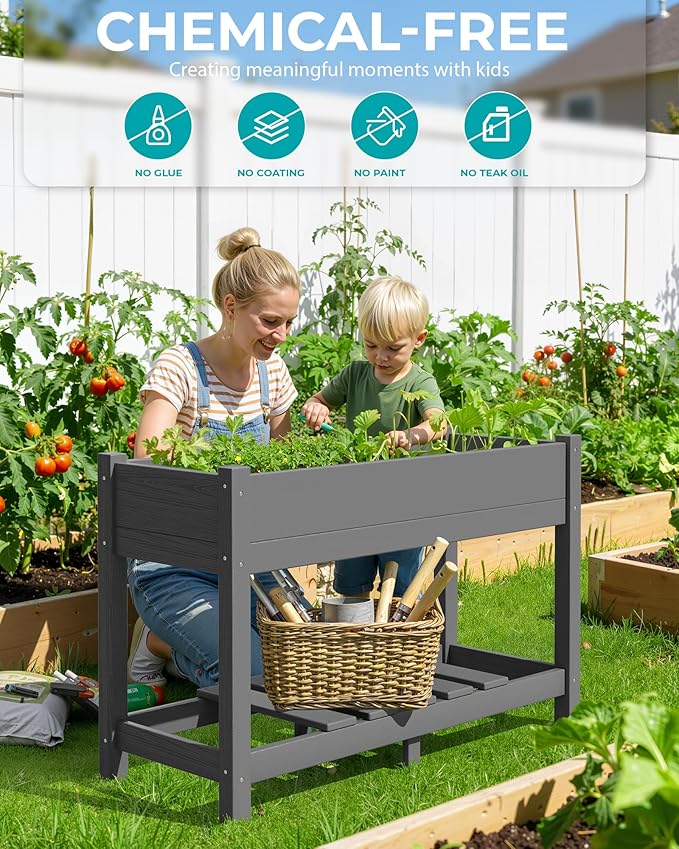 SERWALL Raised Garden Bed with Legs Set of 2, 43"×17"×30" Large HDPE Elevated Planter Box for Vegetables Flower Herb Patio, All Weather Use- Gray