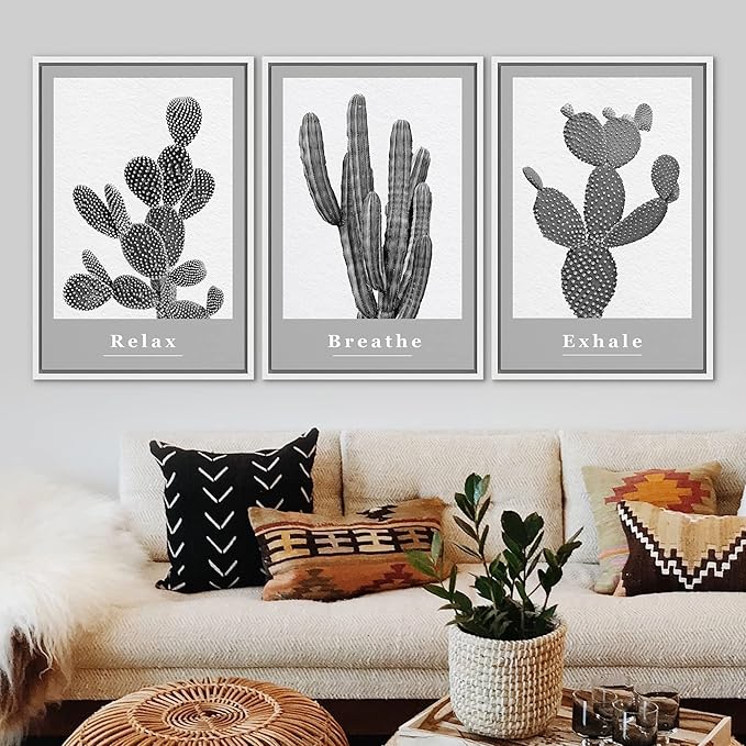 Ashbrook Framed Wall Art Print Set Black & White Grayscale Desert Succulents Nature Wilderness Photography Modern Art Boho Scenic Dramatic for Living Room, Bedroom, Office - 24"x36"x3 White