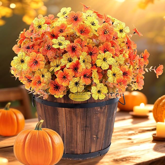 20 Bundles Artificial Fake Mums Flowers for Outdoor Faux Silk Orange Yellow Daisy Realistic UV Resistant No Fade Fake Plants Flowers for Planter Porch Patio Indoor Thanksgiving Decor