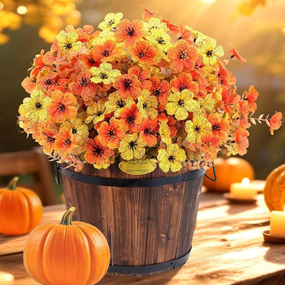 20 Bundles Artificial Fake Mums Flowers for Outdoor Faux Silk Orange Yellow Daisy Realistic UV Resistant No Fade Fake Plants Flowers for Planter Porch Patio Indoor Thanksgiving Decor