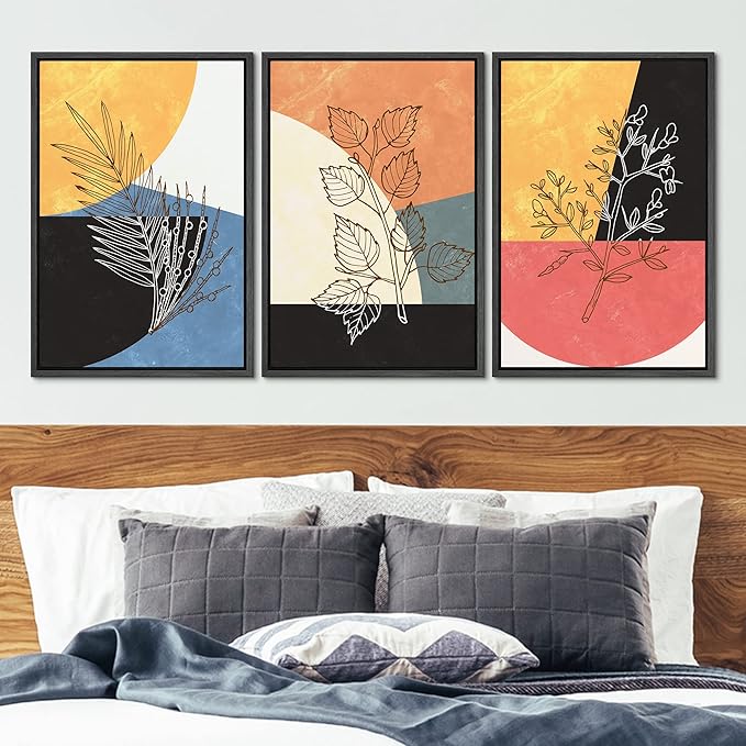 Ashbrook Framed Wall Art Print Set Geometric Mid-Century Color Block Plant Silhouettes Abstract Nature Illustrations Modern Art Boho Colorful for Living Room, Bedroom, Office - 24"x36"x3 Black