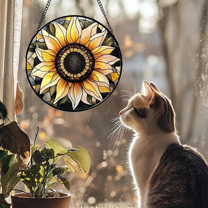 Stained Glass Window Hanging - Sunflower Suncatcher for Door Garden Patio Retro Flower Sun Catchers Decor Christmas Mother's Day Birthday Gifts for Women Mom Nana Friend Wife 9.8 in
