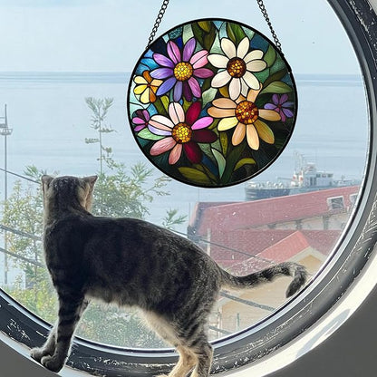 Stained Glass Window Hanging - Colorful Daisies Suncatcher for Door Garden Patio Retro Flower Sun Catchers Decor Christmas Mother's Day Birthday Gifts for Women Mom Nana Aunt Friend 11.8 in