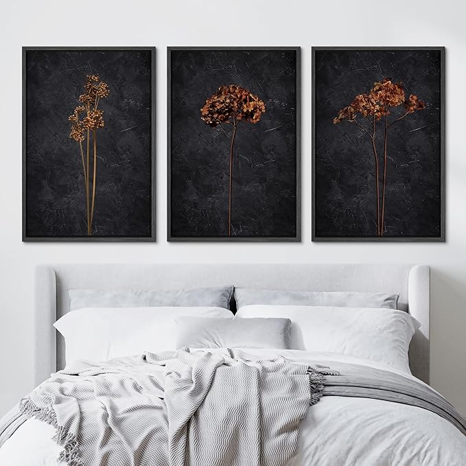 Ashbrook Framed Canvas Print Wall Art Set Grunge Moody Orange Flower Nature Wilderness Illustrations Modern Art Decorative Floral Botanical Minimal Calm/Relax/Cozy for Bedroom - 24"x36"x3 BLACK