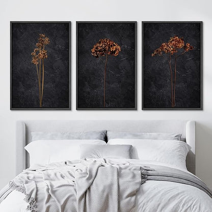 Ashbrook Framed Canvas Print Wall Art Set Grunge Moody Orange Flower Nature Wilderness Illustrations Modern Art Decorative Floral Botanical Minimal Calm/Relax/Cozy for Bedroom - 24"x36"x3 BLACK