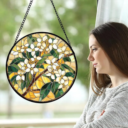 Stained Glass Window Hanging, White Flower Sun Catcher for Door Home Decor Plants Suncatcher Christmas Mother's Day Birthday Gifts for Women Men Mom and Nana 9.8 in