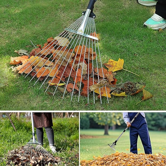 Adjustable Garden Rake, Heavy Duty 34 to 67 Inch Expandable Leaf Rake with 7-14 inch Wide Head, Shrubs, Yard, Garden Beds, Professional Landscaping Tools