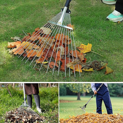 Adjustable Garden Rake, Heavy Duty 34 to 67 Inch Expandable Leaf Rake with 7-14 inch Wide Head, Shrubs, Yard, Garden Beds, Professional Landscaping Tools