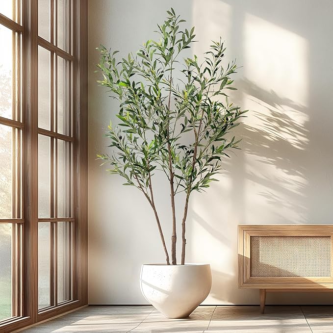 6FT Artificial Olive Tree Tall Faux Silk Plant Tall Faux Olive Tree with Natural Wood Trunk & Lifelike Fruits Fake Potted Tree or Home Office Decor