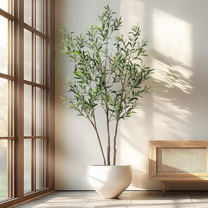 6FT Artificial Olive Tree Tall Faux Silk Plant Tall Faux Olive Tree with Natural Wood Trunk & Lifelike Fruits Fake Potted Tree or Home Office Decor