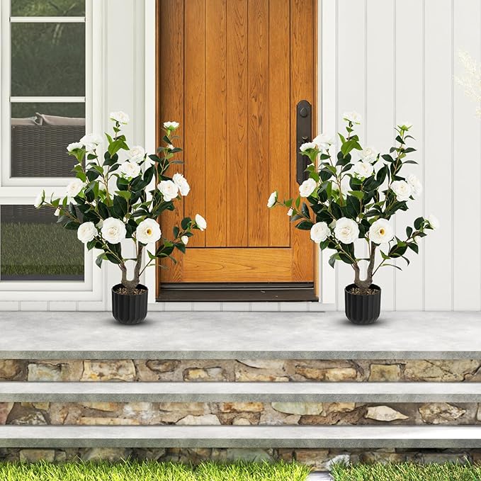 Goplus 38’’ Artificial Camellia Tree, 2 Pack Flower Plants Artificial Tree, Faux Floral Plant Blooming Tree in Cement Pot, Greenery Potted Plant for Indoor Outdoor Office Home Porch Decor