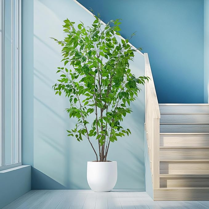 Artificial Ficus Tree with Green Leaves, 7ft Tall, Indoor Plant with Decorative Beige Planter