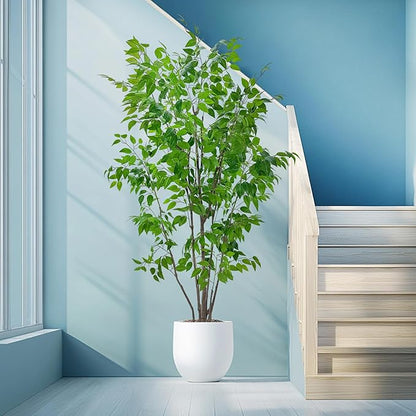 Artificial Ficus Tree with Green Leaves, 7ft Tall, Indoor Plant with Decorative Beige Planter