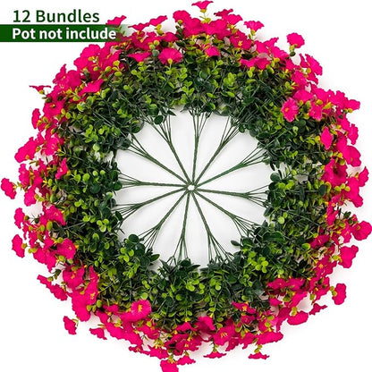 Lnoicy Artificial Flowers for Outdoor 12 Bundles Eucalyptus Fake Flowers for Planter,UV Resistant Fake Morning Glory for Home/Porch/Garden Decoration（Rose Red）
