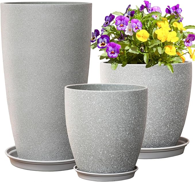Tall Plant Pots Cement Grey Finish Unbreakable Flower Pot with Drainage Holes&Tray 11+12+21Inch H Planters For Garden Patio Indoor Outdoor Plants Modern Décor for Tall Plants Gift For Plant Lovers