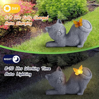 Solar Garden Statue with Glowing Butterfly, Outdoor Resin Cute Figurine with Solar Light, Waterproof Yard Decor for Patio, Lawn, Porch, and Unique Garden Gifts for Lovers (solar cat statue gray)
