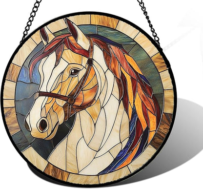 Stained Glass Window Hanging, Animal Horse Colored Mane Sun Catchers Glass Panel Cool Suncatcher Decor for Birthday for Women, Men, Wife, Aunt, and Mom 11.8x11.8 in