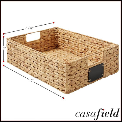 Casafield Set of 4 Water Hyacinth Pantry Baskets, 12-1/2" x 17" x 5", with Chalkboard Labels and Chalk Marker - Natural, Woven Storage Bin Organizers for Kitchen Shelves