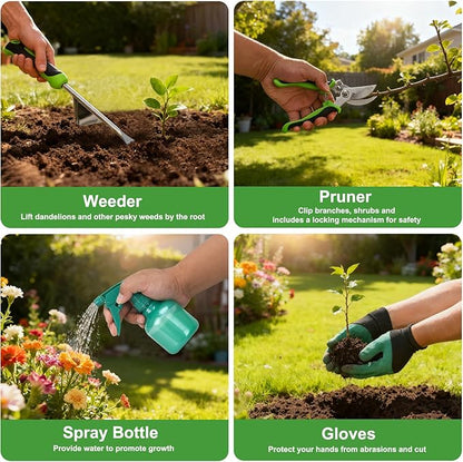 Yesker Gardening Tools 9-Piece Heavy Duty Garden Tool Set Gardening Supplies Gifts for Women Men Gardening Hand Tool Kit with Non-Slip Ergonomic Handle, Garden Bag, Durable Gloves, Spray Bottle, Green