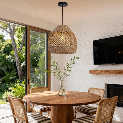 Boho Rattan Pendant Lights 13.8" Hand-Woven Farmhouse Dining Room Light Fixture Bell Ceiling Hanging Chandelier Handwoven Seagrass Lampshade for Kitchen Island Entry Living Room Bedroom Foyer