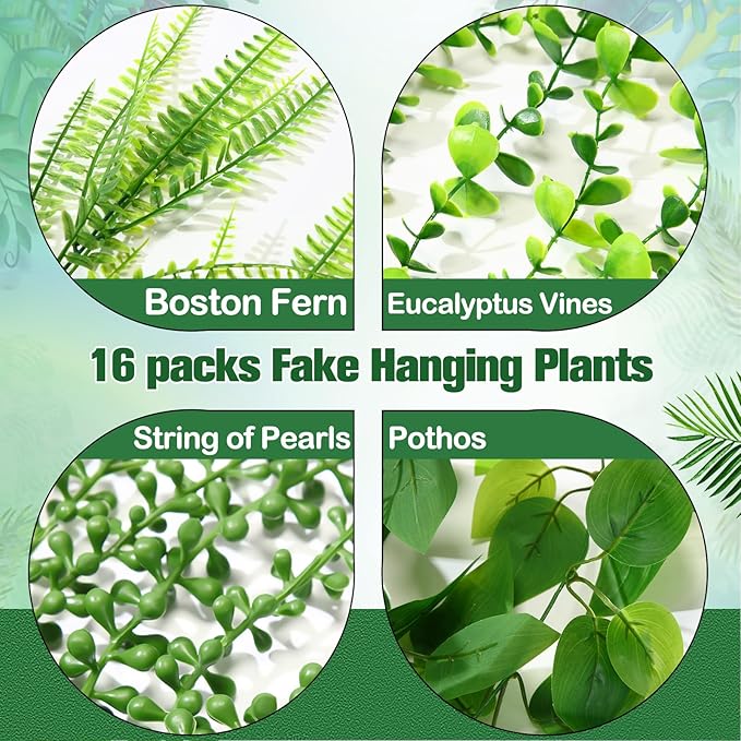 16 Pcs Artificial Hanging Plants Fake Hanging Ferns Plastic Faux Plants for Wall Room Garden Garland Indoor Outdoor Decor No Basket (Boston,Eucalyptus,Ivy Vine,String of Pearls)