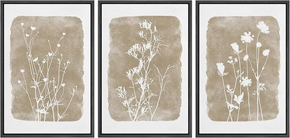 Ashbrook Framed Canvas Print Wall Art Set Vintage Country Farmhouse Flower Silhouette Nature Wilderness Illustrations Floral Botanical Minimal Calm/Relax/Cozy for Bedroom - 16"x24"x3 BLACK