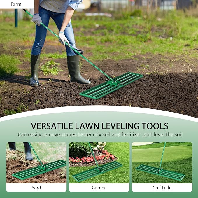 Outvita Lawn Leveling Rake 30"x10", Level Lawn Tool with Adjustable Handle, Yard Leveling Rake, Landscape Rakes for Garden, Backyard, Golf Course, Farm, Pasture
