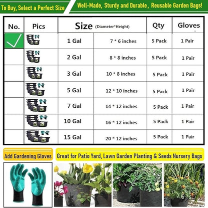 5-Pack 1 Gallon Thickened Plant Grow Bags (7x6 inch) Nursery Bags Fabric Plant Pots for Flower Pot,Herbs Veggies Planter Bag,Garden Pots,Barrel Planter,Garden Bag,Plant Container with Gardening Gloves