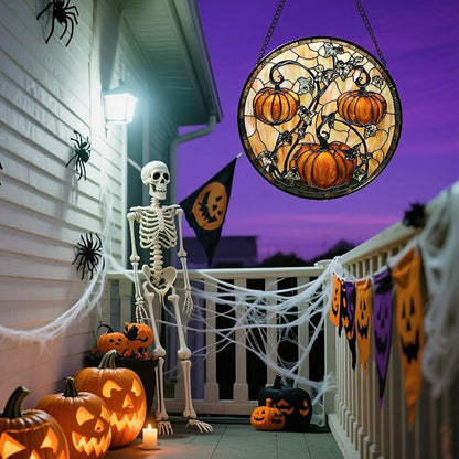 Stained Glass Window Hanging - Halloween Decoration Orange Pumpkin Vine Leaves Suncatcher for Door Garden Spooky Sun Catchers Gothic Decor Horror Gifts for Women Men Friend Boy Girl 15 in