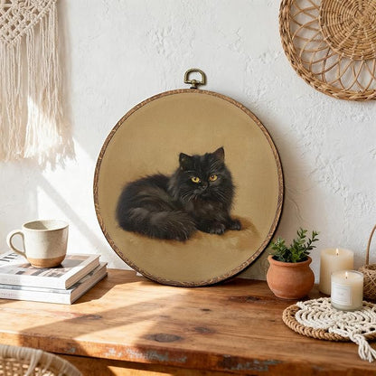 DEQSX Vintage Black Cat Round Wall Art, Black Cat Gifts for Women, Rustic Dark Academia Aesthetic Kitten Wall Decor Canvas Prints Posters for Home Bedroom Living Room, 10x10 Inches