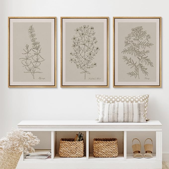 Ashbrook Framed Canvas Print Wall Art Set Duotone Vintage Flowers Nature Wilderness Illustrations Modern Art Decorative Floral Botanical Minimal Calm/Relax/Cozy for Bedroom - 24"x36"x3 NATURAL
