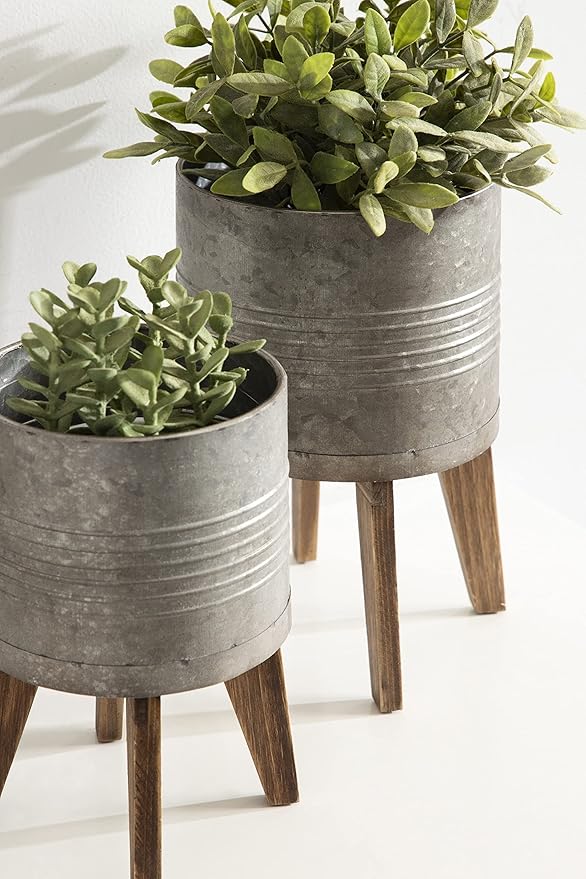 Kate and Laurel Gavri Farmhouse Galvanized Metal and Wood Tabletop Planter Set, 2 Piece, Decorative Metal Planter Centerpiece for Table