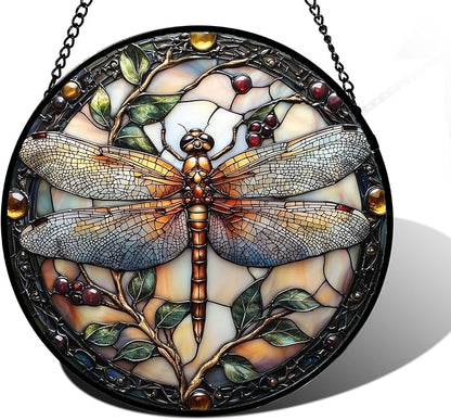 Stained Glass Window Hanging - Dragonfly Plant Suncatcher Ready to Hang Window Doors Home Decoration, Christmas, Mother's Day Birthday Gifts for Women, Men, and Mom 9.8x9.8 in