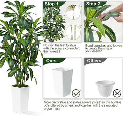 Dracaena Plant Artificial Tree 6Ft Tall Fake Tropical Floor Plants Potted (Real Touch) Artificial Silk Tree Leaf Faux Trees White Tall Planter for Home Office Living Room Indoor Outdoor Decor