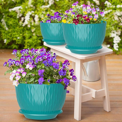 12/10/9 Inch Planter Pots, 3-Pack Large Flower Pots for Indoor Outdoor Garden Plants, Big Plant Pots with Multi Mesh Drainage Holes and Saucer (Black-Green, 12"+10"+9")
