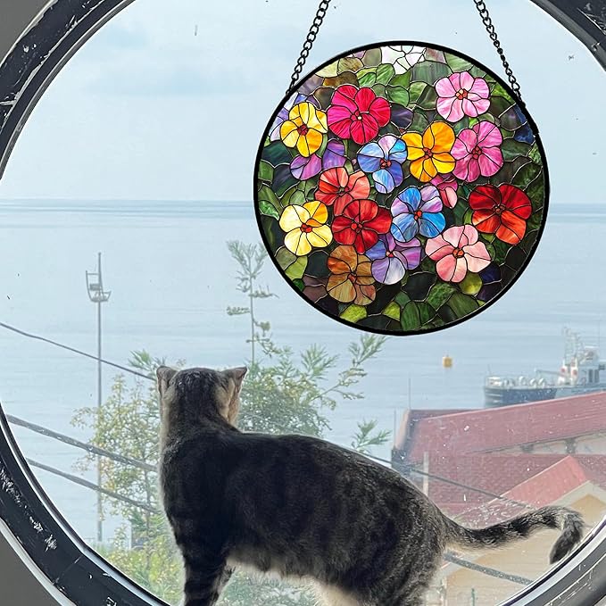 Stained Glass Window Hanging Colorful Flower Wildflowers 7.8" - Suncatcher Door Garden Sun Catcher Home Decor Birthday Christmas for Mom Lover Woman Nana Friend Wife