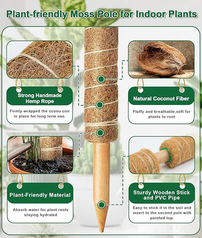 EAONE 96'' Moss Pole for Plants Indoor, 6 Pack 16” Monstera Plant Support Moss Stick for Climbing Plants, Stackable Coir Totem Pole Monstera Stakes with 12 Plant Labels & 100 Ties for Potted Plants